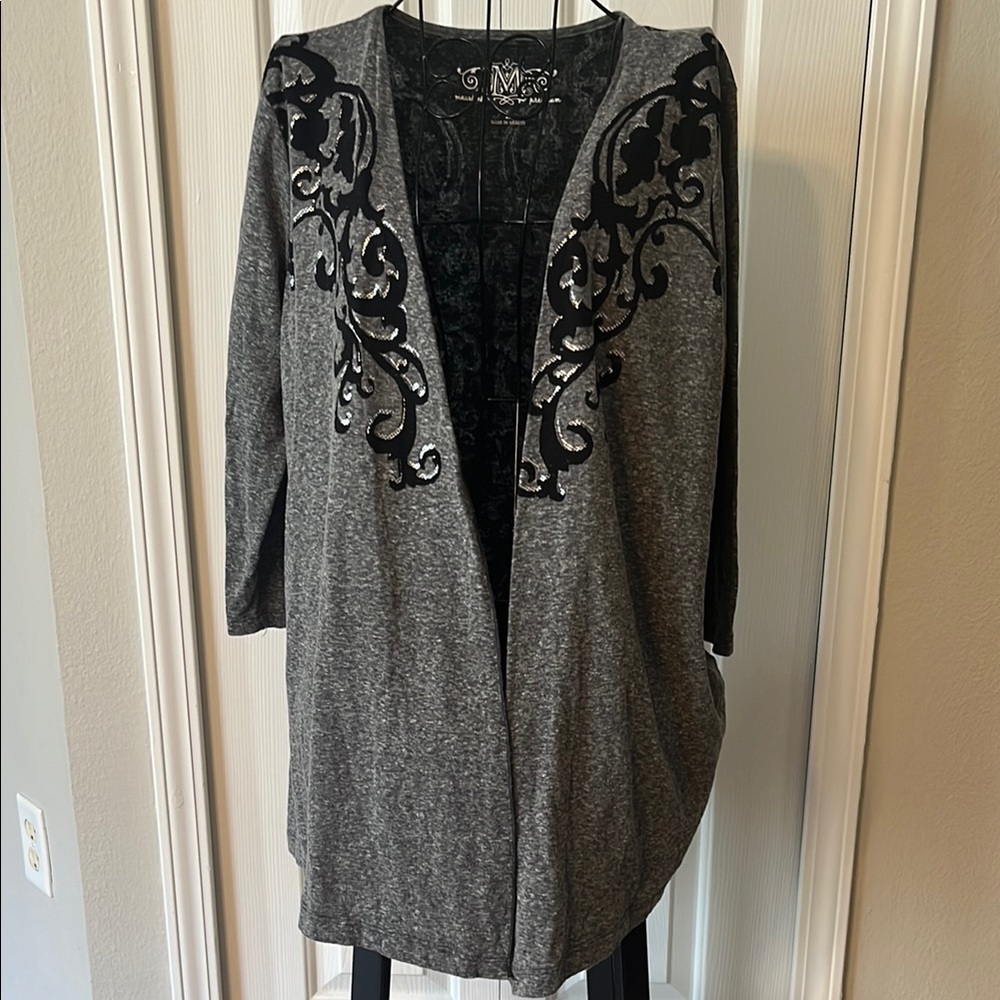 Gray and Black Cardigan with Elegant Embellishments
